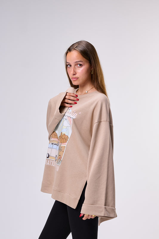 Road trip– Oversized Printed Cotton T-shirt | 100% Comfy Fabric – Long Back with Side Slits