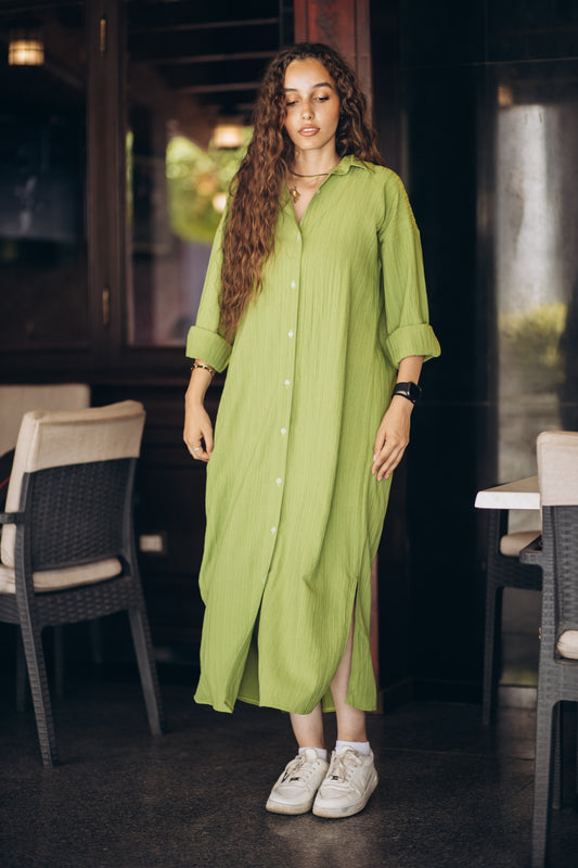 Ribbed Linen Oversized Loose Maxi Shirt Dress in " pistachio"