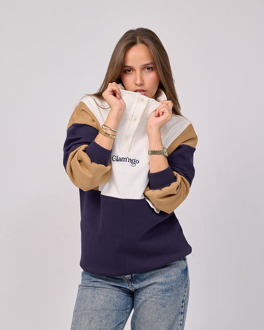 Glam’ngo Cozy Oversized Color-Block Sweatshirt with Stitched Logo