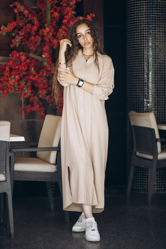 Ribbed Linen Oversized Loose Maxi Shirt Dress in " beige"