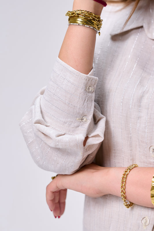 Shimmer-Striped Linen Blouse with Corset-Style Back