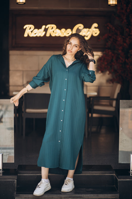 Ribbed Linen Oversized Loose Maxi Shirt Dress in " capri blue"