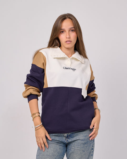 Glam’ngo Cozy Oversized Color-Block Sweatshirt with Stitched Logo