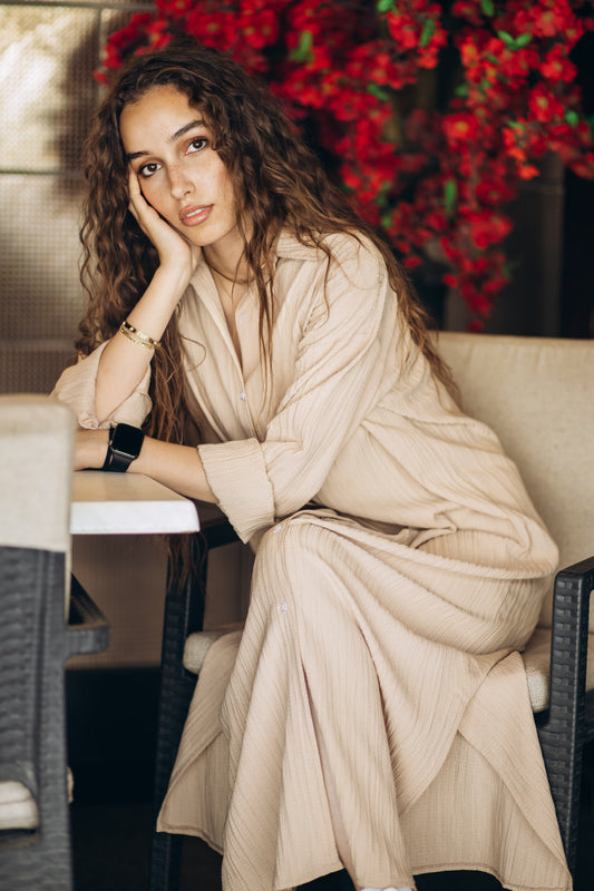 Ribbed Linen Oversized Loose Maxi Shirt Dress in " beige"