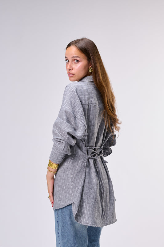 Shimmer-Striped Linen Blouse with Corset-Style Back