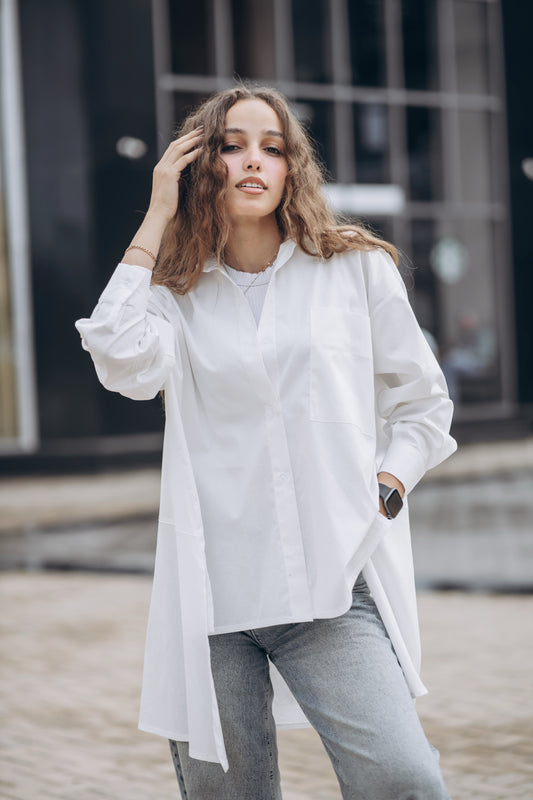 Cotton Blouse – High-Low Design with Sheer Buttons & Oversized Pocket