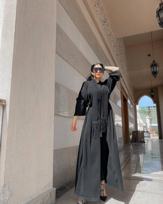 Elegant Turkish Crepe || Open Abaya with Statement Bell Sleeves and Fringe Accent