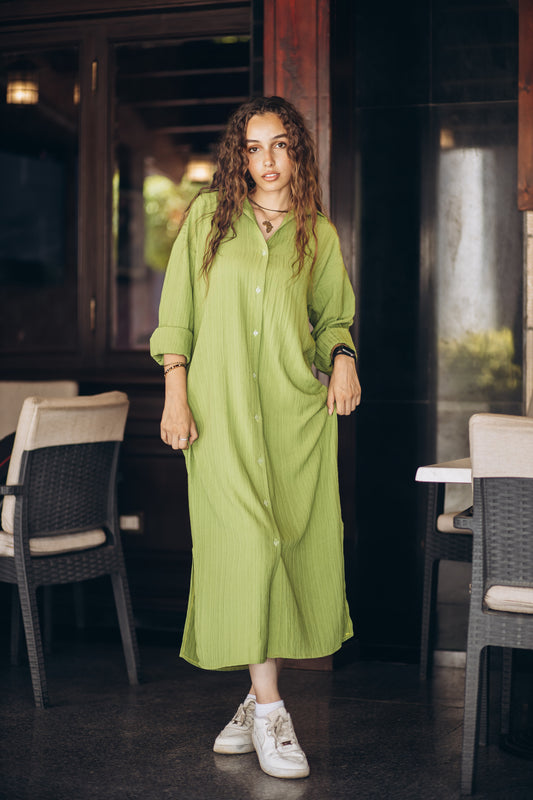 Ribbed Linen Oversized Loose Maxi Shirt Dress
