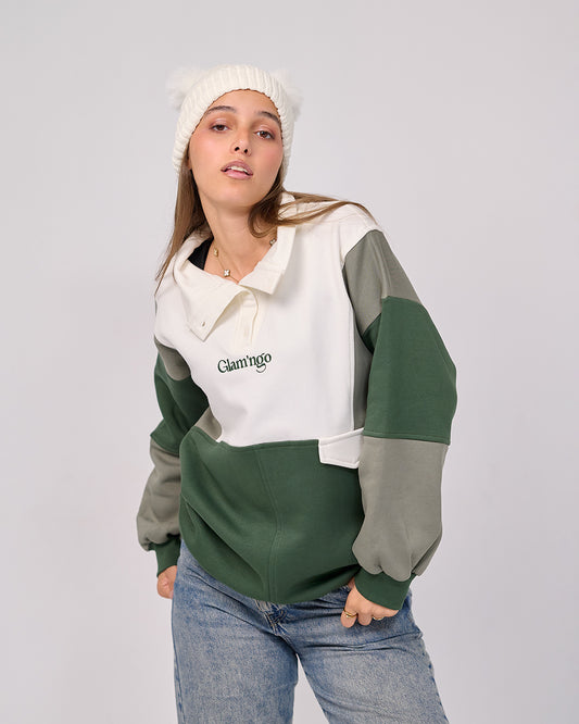 Glam’ngo Cozy Oversized Color-Block Sweatshirt with Stitched Logo " cream olive"