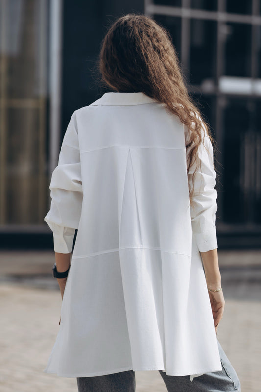 Cotton Blouse – High-Low Design with Sheer Buttons & Oversized Pocket