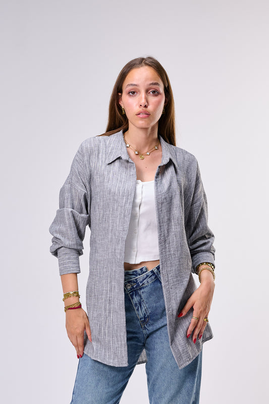 Shimmer-Striped Linen Blouse with Corset-Style Back