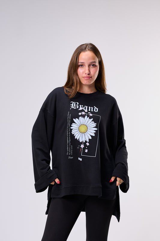 Daisy Noir– Oversized Printed Cotton T-shirt | 100% Comfy Fabric – Long Back with Side Slits