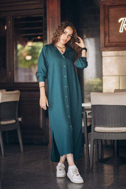 Ribbed Linen Oversized Loose Maxi Shirt Dress in " capri blue"