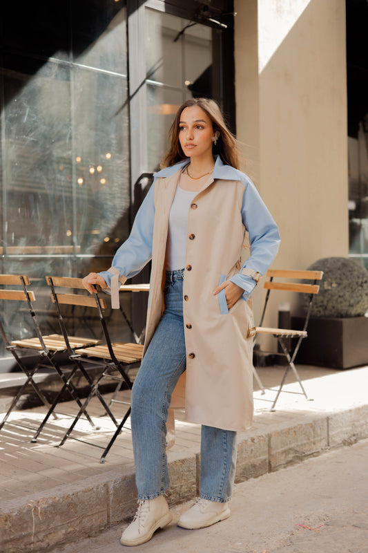 In The Style belted spring trench coat in “beige x blue”