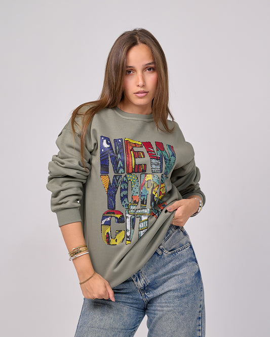 New York City Stitch-Effect Sweatshirt "dusty olive"