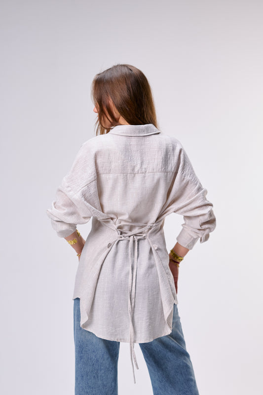Shimmer-Striped Linen Blouse with Corset-Style Back
