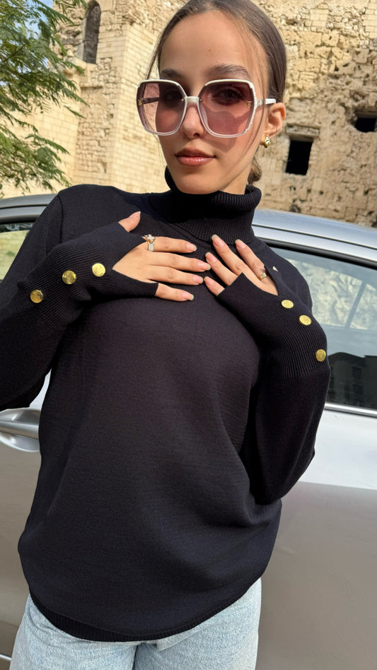 Basic Knit Pullover with Button-Detail Sleeves " black "