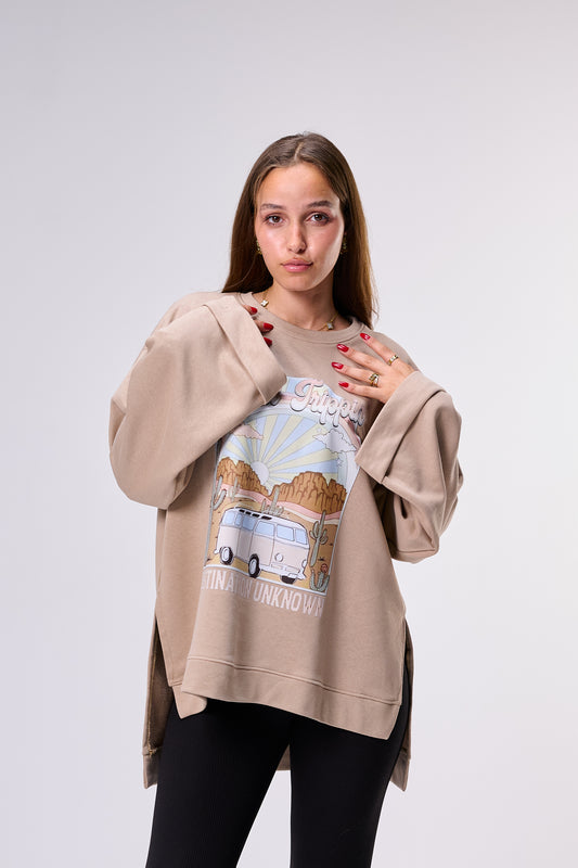 Road trip– Oversized Printed Cotton T-shirt | 100% Comfy Fabric – Long Back with Side Slits