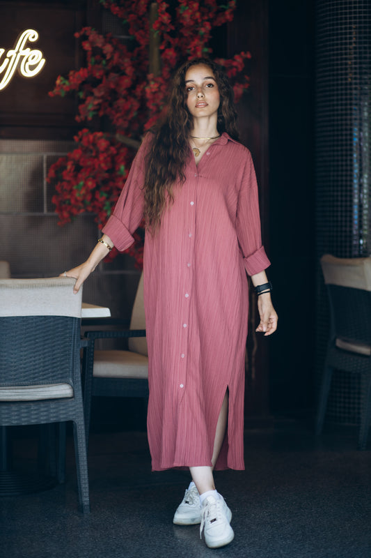 Ribbed Linen Oversized Loose Maxi Shirt Dress in "dusty pink"