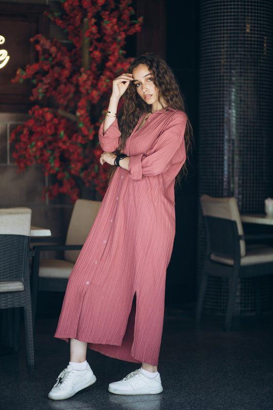 Ribbed Linen Oversized Loose Maxi Shirt Dress in "dusty pink"