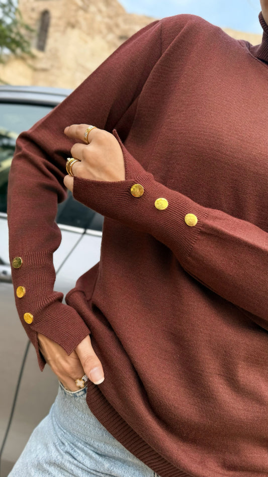Basic Knit Pullover with Button-Detail Sleeves "hazelnut"