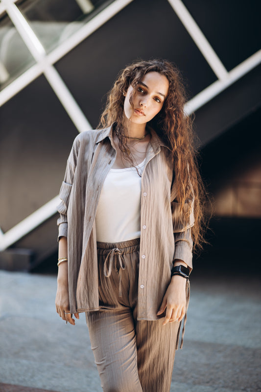 Ribbed Linen suit in "tan"