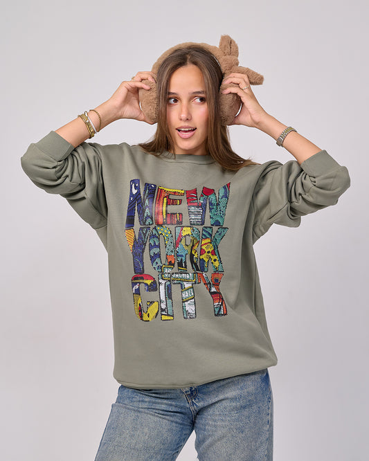 New York City Stitch-Effect Sweatshirt "dusty olive"