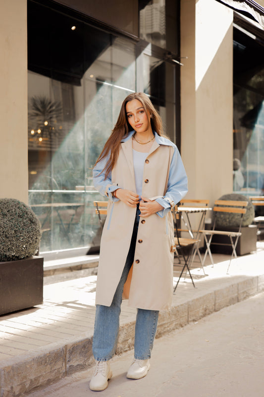 In The Style belted spring trench coat in “beige x blue”