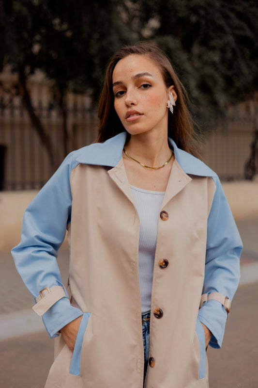 In The Style belted spring trench coat in “beige x blue”