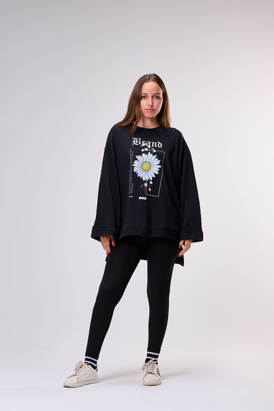 Daisy Noir– Oversized Printed Cotton T-shirt | 100% Comfy Fabric – Long Back with Side Slits
