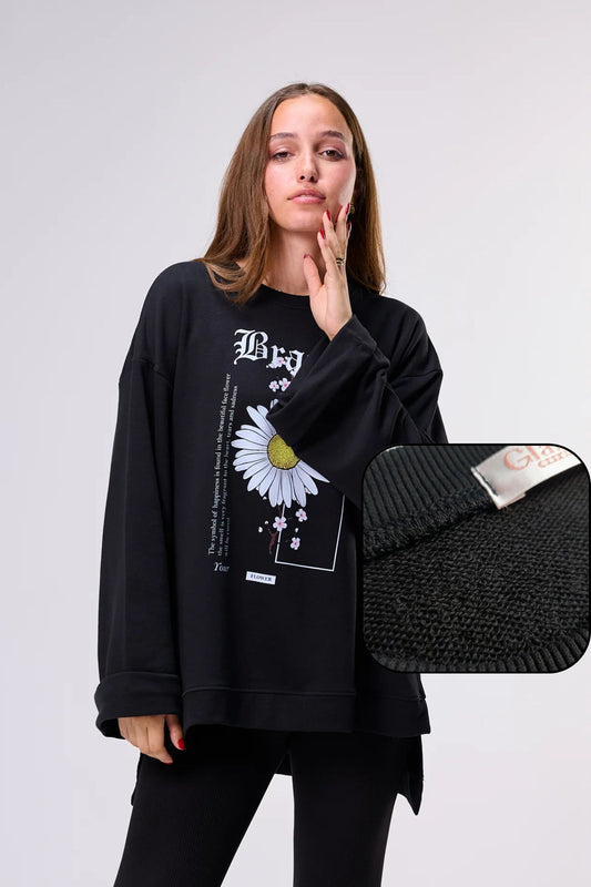DAISY NOIR "FRENCH TERRY" || Summer Premium Cotton Oversize Tshirt with Side Slits & Wide Bell Sleeves