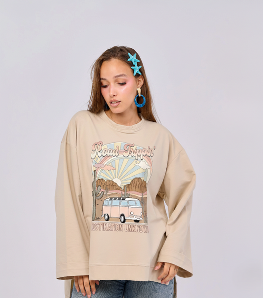 ROAD TRIP || Summer Premium Cotton Oversize Tshirt with Side Slits & Wide Bell Sleeves