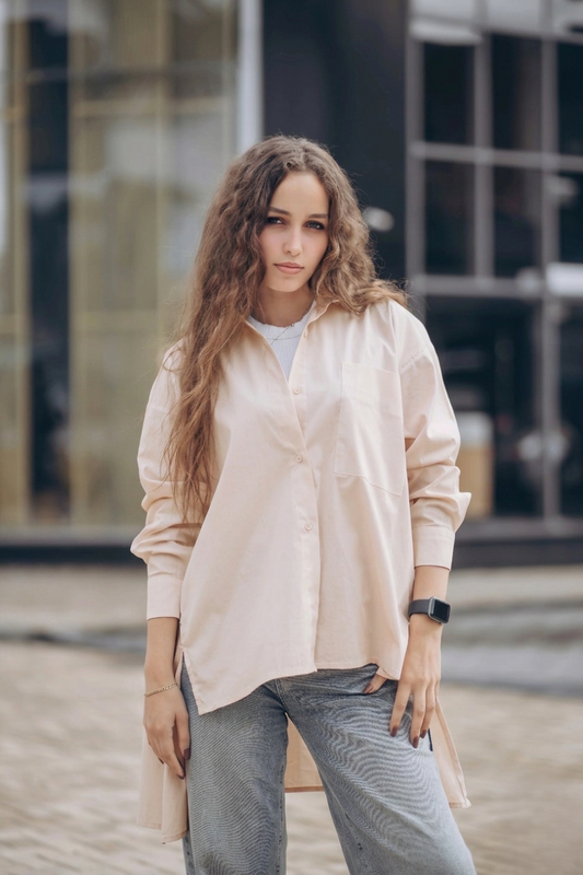 Cotton Blouse – High-Low Design with Sheer Buttons & Oversized Pocket