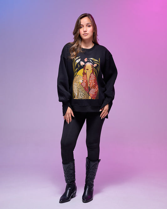 TIGER GIRL || Oversize winter Sweatshirt heavyweight premium cotton with Side Slits & Split Cuff Rib Knit