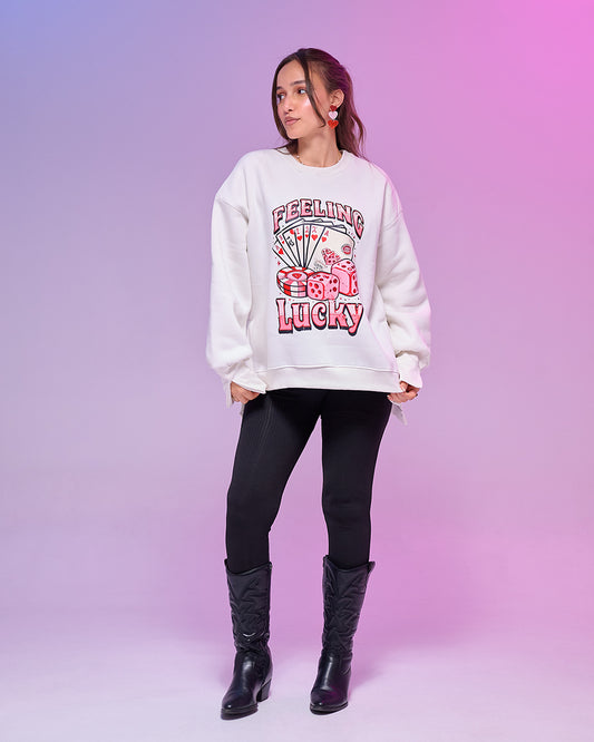 FEELING LUCKY || Oversize winter Sweatshirt heavyweight premium cotton with Side Slits & Split Cuff Rib Knit