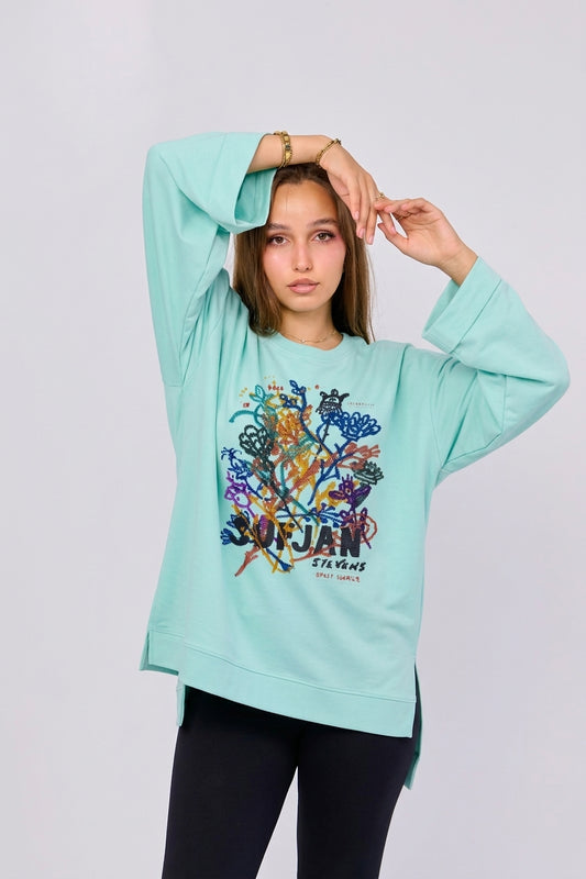 EMBROIDERY MINT || Summer Premium Cotton Oversize Tshirt with Side Slits & Wide Bell Sleeves