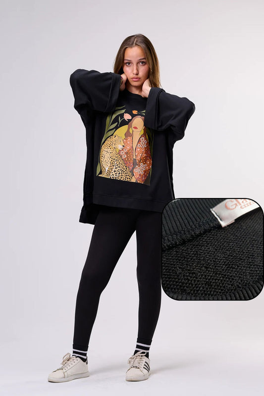 TIGER GIRL "FRENCH TERRY" || Summer Premium Cotton Oversize Tshirt with Side Slits & Wide Bell Sleeves