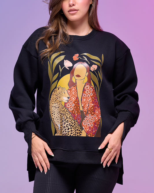 TIGER GIRL || Oversize winter Sweatshirt heavyweight premium cotton with Side Slits & Split Cuff Rib Knit