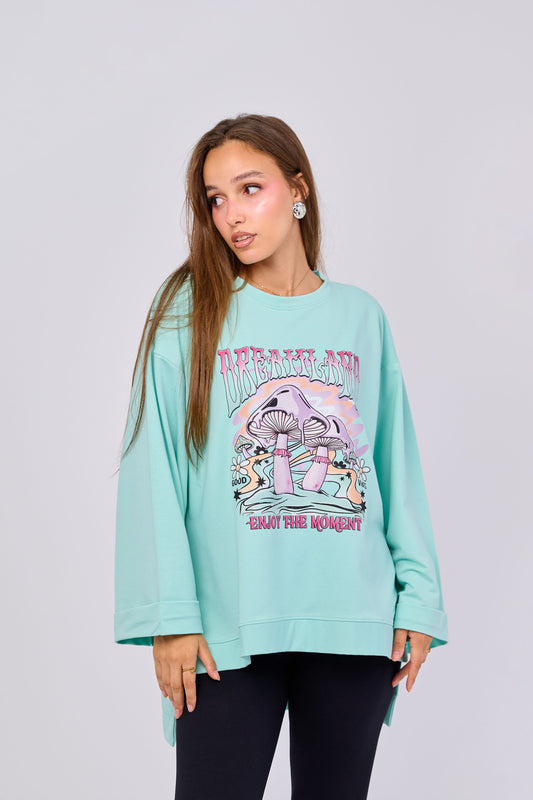 Dreamland– Oversized Printed Cotton T-shirt | 100% Comfy Fabric – Long Back with Side Slits