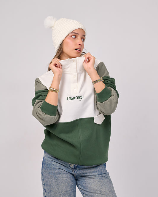 Glam’ngo Cozy Oversized Color-Block Sweatshirt with Stitched Logo " cream olive"