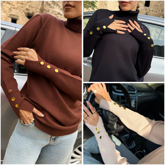 3 pieces - classic button-sleeve pullover in three essential colors—brown, black, and beige.