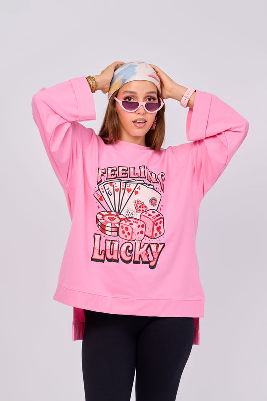 Feeling lucky  – Oversized Printed Cotton T-shirt | 100% Comfy Fabric – Long Back with Side Slits