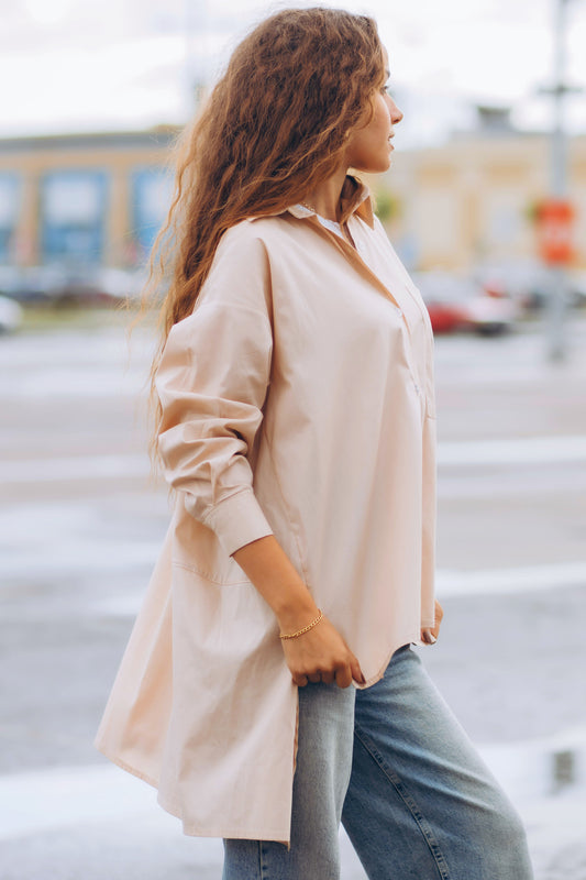 Cotton Blouse – High-Low Design with Sheer Buttons & Oversized Pocket