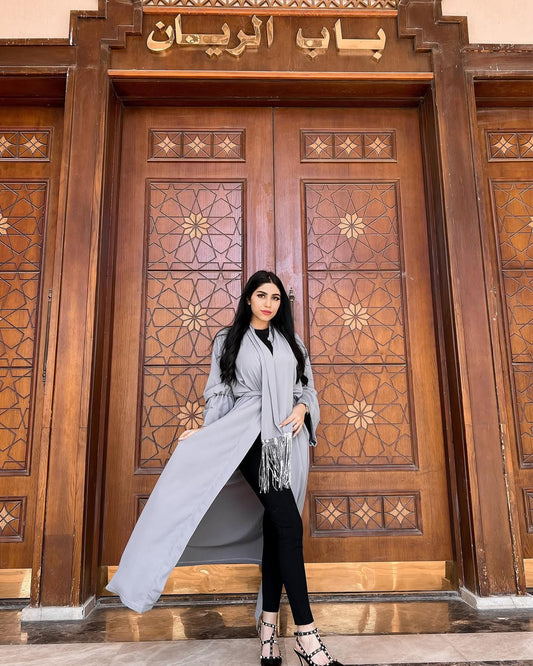 Elegant Turkish Crepe || Open Abaya with Statement Bell Sleeves and Fringe Accent