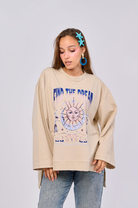 Find the dream- Oversized Printed Cotton T-shirt | 100% Comfy Fabric – Long Back with Side Slits