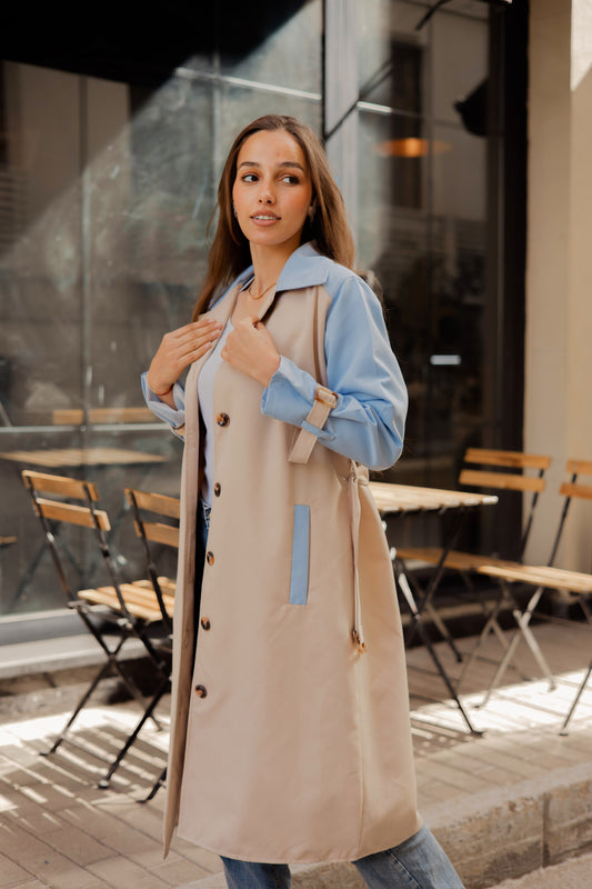 In The Style belted spring trench coat in “beige x blue”