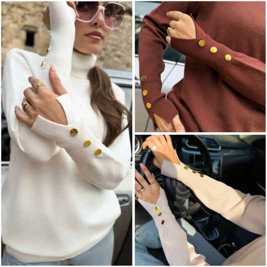 3 pieces - classic button-sleeve pullover in three essential colors—brown, off white , and beige.