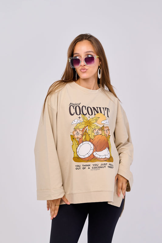 Coconut  – Oversized Printed Cotton T-shirt | 100% Comfy Fabric – Long Back with Side Slits