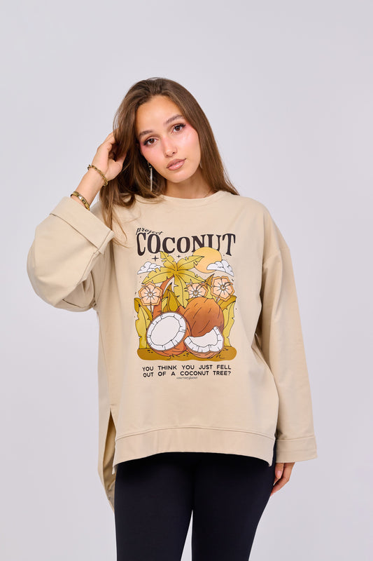 Coconut  – Oversized Printed Cotton T-shirt | 100% Comfy Fabric – Long Back with Side Slits