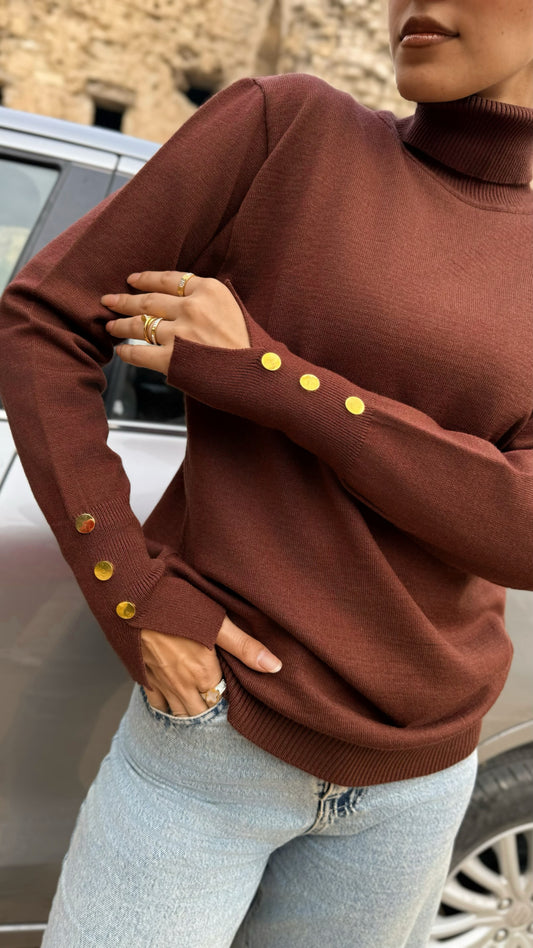 Basic Knit Pullover with Button-Detail Sleeves "hazelnut"